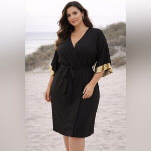 Bluebell Black Tie-Waist Dress Gold Seven Sleeve Accents | Women’s 2XL